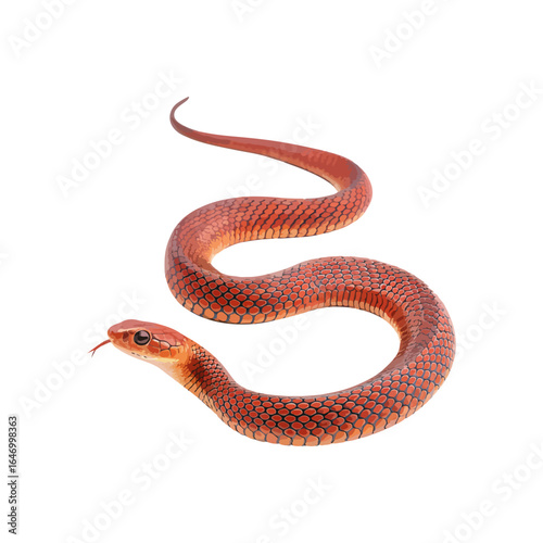 A realistic red snake coiled on a black background. Detailed portrait of a beautiful serpent with its tongue out, showcasing its vibrant scales and texture.
