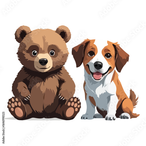 A cute cartoon bear cub and a happy dog sitting together. Adorable vector illustration of two animal friends, isolated with a transparent background.
