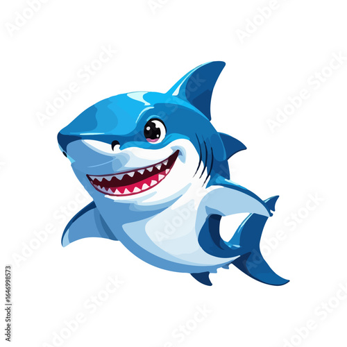 A cute and friendly cartoon shark with a big, toothy smile. This cheerful blue sea animal character is perfect for kids. Vector isolated on white.

