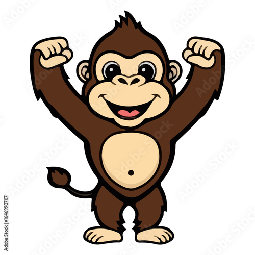 A happy cartoon monkey celebrating with its arms up. A cute and funny vector illustration of a primate character, perfect for a mascot or kids' design.
