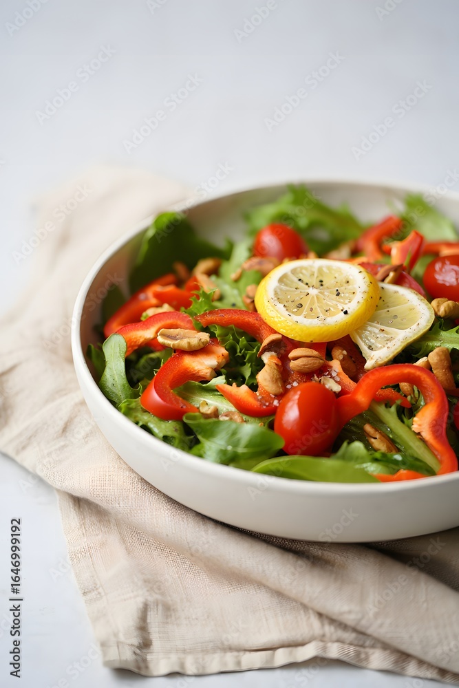 A vibrant salad with fresh greens, red bell peppers, cherry tomatoes, nuts, and lemon slices