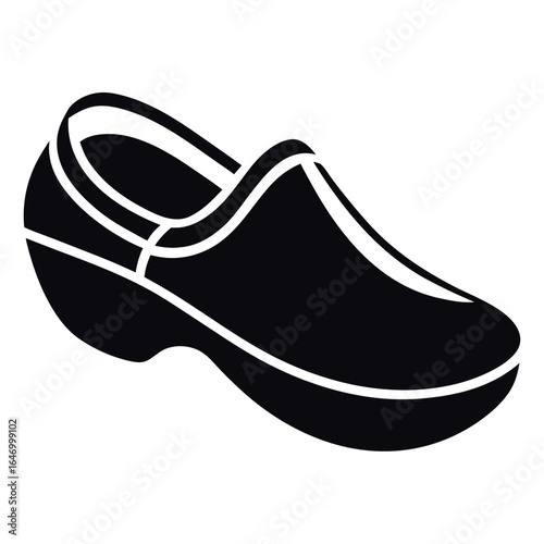 Photo of black and white illustration of a single clog shoe, on a white