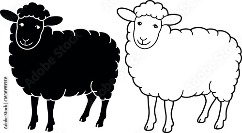 A black sheep and a white sheep standing side by side in a simple black and white illustration style