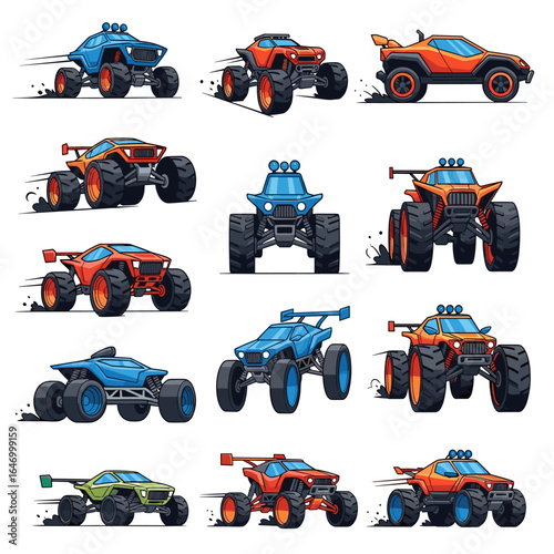 Collection of fierce off-road monster trucks and dune buggies displayed in vibrant action poses
