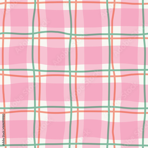 Abstract seamless modern pink checkered pattern with paired thin red and green lines on light background; simple hand-drawn vector illustration; drawing, flat style