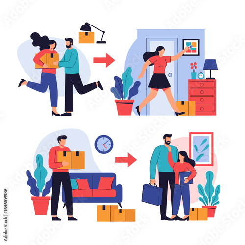 Moving house people carrying boxes and furniture to new home illustration
