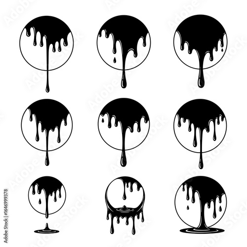 Abstract circular dripping ink graphic elements representing flowing liquid art and fluidity concepts