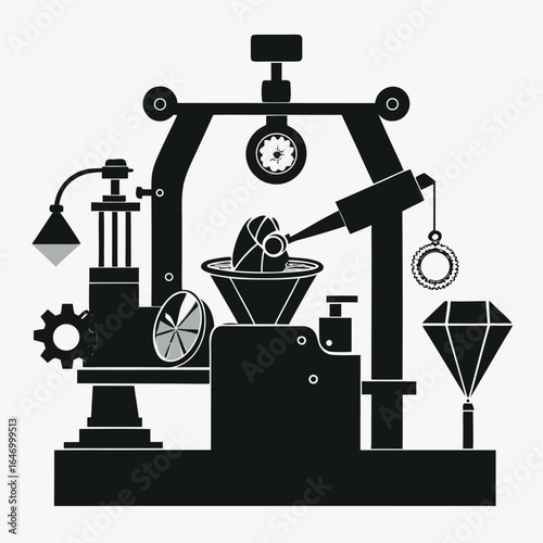 Photo of jewelry making process with gemstone cutting and polishing equipment, on white