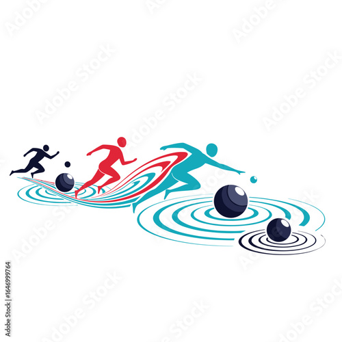 Athletes competing in a water sport with rings and spheres representing movement and energy