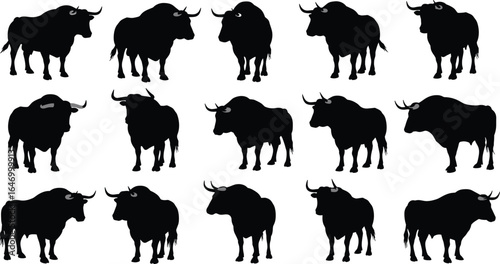 Powerful bull and bison silhouette vector collection, showcasing various standing and charging poses for agriculture, wildlife, and mascot design projects.