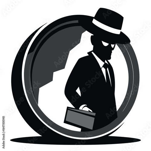 Photo of silhouette of a shadowy figure in a fedora and suit, holding a briefcase, within a circular frame