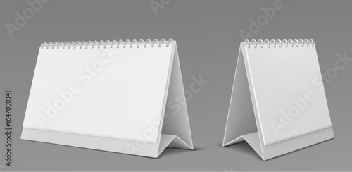 Paper calendar mockup set with spiral binding and standing desk format for office planning. Realistic white blank sheets ready for customization or printing. Professional stationery design elements.