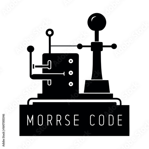 Photo of black silhouette of a morse code machine with morrse code text, on white
