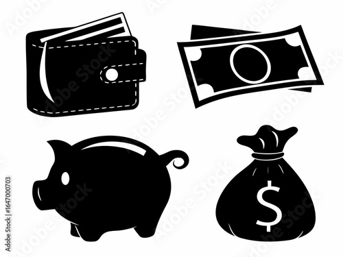 wallet banknotes piggybank moneybag icons