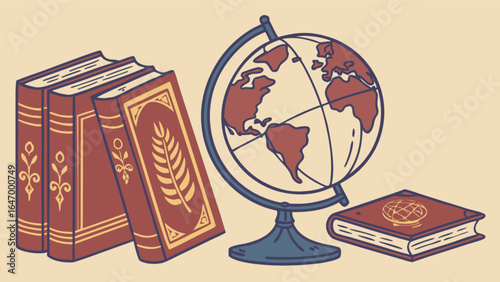 Vintage education learning books and globe world map illustration for school study concept design