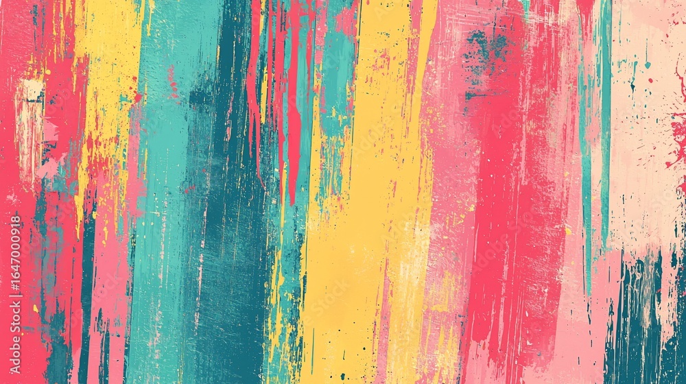 Textured vertical brushstrokes in teal, yellow, and pink create an abstract painting Textured vertical brushstrokes in teal, yellow, and pink create an abstract painting