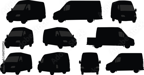 Collection of commercial cargo van silhouettes, isolated vector illustration set showing vehicle from front, side, rear, and isometric angles.