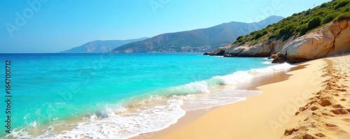 Sun-Drenched Greek Beach Turquoise Waters Lap Golden Sands, Ideal for Summer Travel & Tourism Promotion