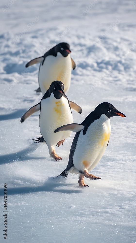 Fototapeta premium Three penguins stride across snowy ice.