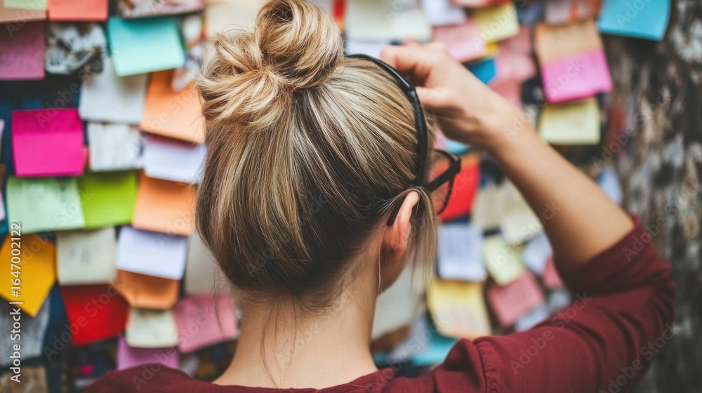 Fototapeta premium Woman with notes brainstorming ideas for planning or organization at work or home