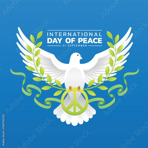 International day of peace - Front white peace bird flying up hold circle peace sign with olive leaves and green ribbon around on blue background vector design