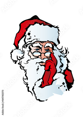 Happy Santa Claus (Father Christmas) with glasses and a big white beard and dressed in red and white