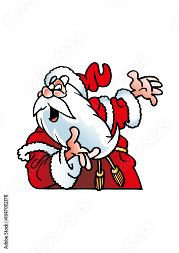 Excited Santa Claus (Father Christmas) with a big white beard and dressed in red and white
