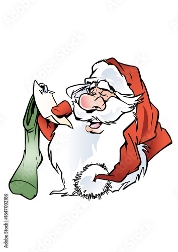 Santa Claus (Father Christmas) reads a wish list hanging on a sock