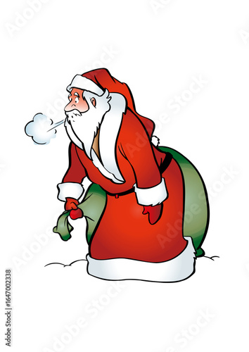 A breathless Santa Claus (Father Christmas) carries a sack of gifts