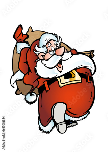 A laughing Santa Claus (Father Christmas) carries a sack of gifts