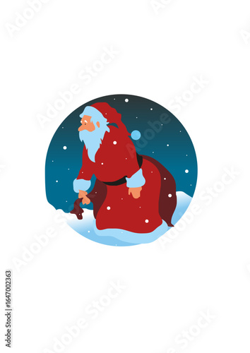 Santa Claus (Father Christmas) in snowy weather carries a sack of gifts