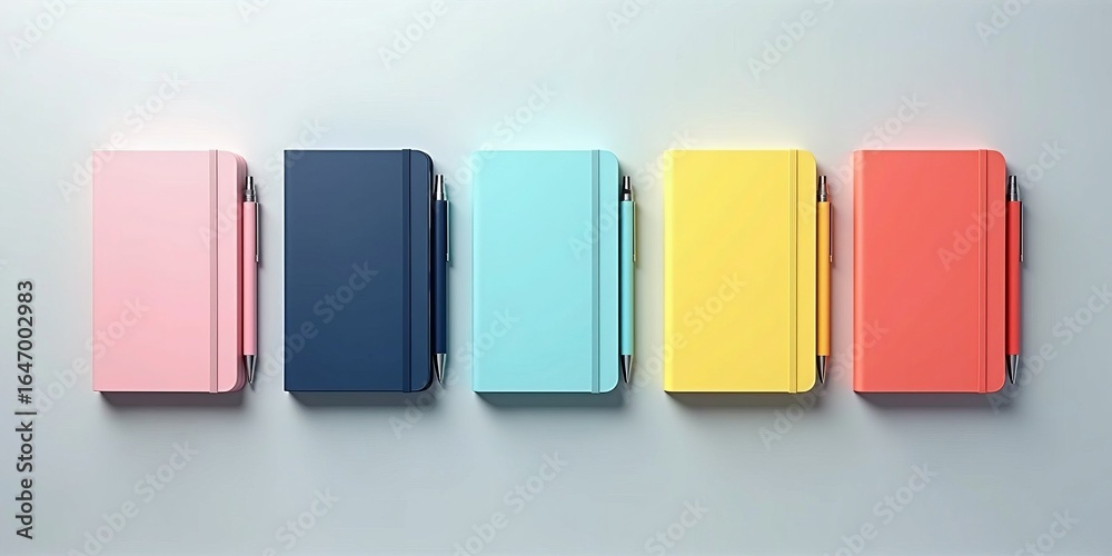 Colorful notebook and pen set mockup showcasing five pastel hard cover diaries arranged in a row on a clean background