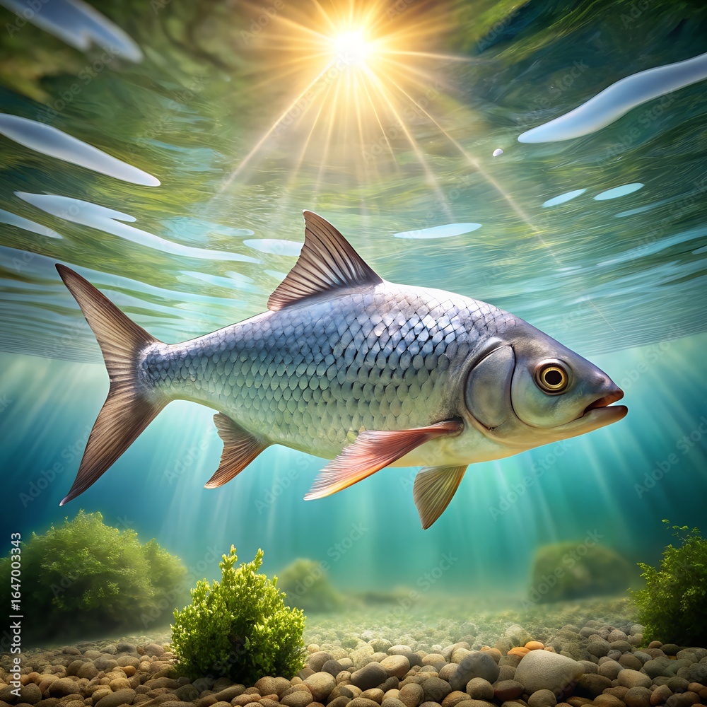 Fototapeta premium Underwater View of Fish with Sun Rays and Aquatic Plants