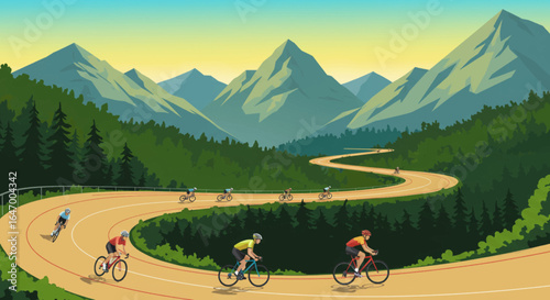Cyclists racing on a winding mountain road