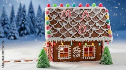 A magical and festive gingerbread house decorated with candy and icing sits in a snowy winter forest creating a perfect and sweet christmas holiday scene

