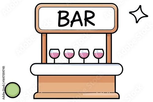 Cartoon bar with four wine glasses lined up on the counter and a star next to the bar sign above it