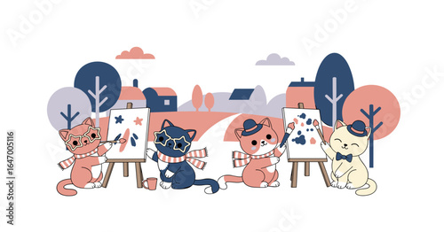 Whimsical Cats Painting Landscapes A Delightful Illustration of Artistic Felines in Nature