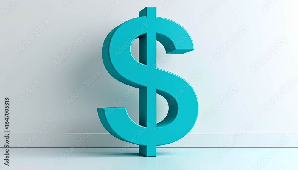 Three-dimensional teal dollar sign standing upright against a plain white background, symbolizing finance, value, and modern economic design. Three-dimensional teal dollar sign standing upright against a plain white background, symbolizing finance, value, and modern economic design.