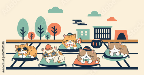 Cats Relaxing Outdoors Whimsical Scene with Sleeping Felines on Cushions