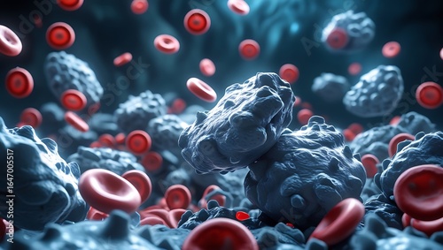 Microscopic view of red blood cells and cellular structures, showcasing vital biological processes and medical research.