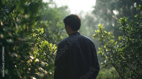A man in his thirties, dressed in casual attire, stands in the shade of lush greenery, staring intently into the distance, exuding confidence, surrounded by nature's beauty in a serene atmosphere.
