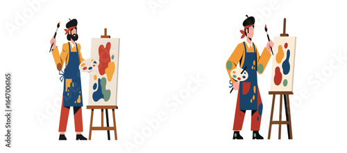 Set of flat vector illustrations depicting a male artist in an apron painting an abstract masterpiece on a canvas with an easel