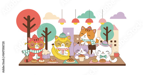 Whimsical Illustration of Adorable Anthropomorphic Cats Enjoying a Cozy Cafe Scene in a Charming Town, Sharing Delights and Warm Drinks.