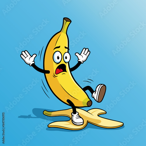 Cartoon Banana Character Slipping on a Peel Vector