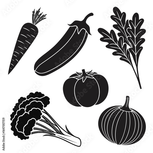 Black and white silhouettes of assorted fresh vegetables on white background carrot eggplant