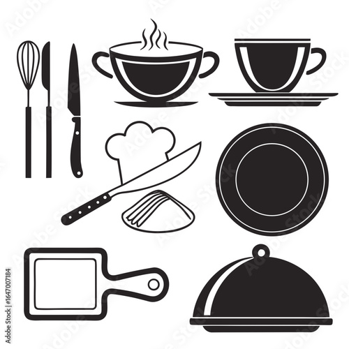 Black Silhouette Collection of Kitchen Utensils and Food Service Items fork knife
