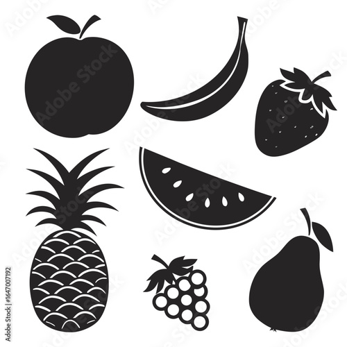 Black silhouette collection of fruits including apple banana grapes pineapple pear strawberry watermelon