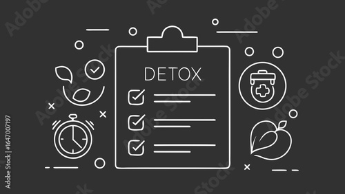 Detox checklist on clipboard surrounded by health and wellness icons in minimal line style on dark background