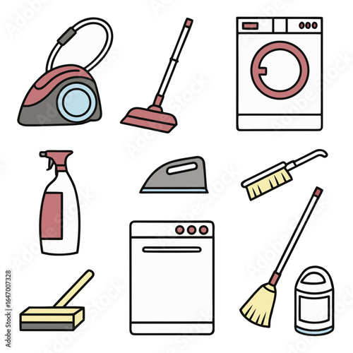 Collection of cartoon style household cleaning appliances and tools vacuum cleaner washing machine
