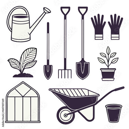 Collection of dark purple and cream gardening tools and plants watering can spade